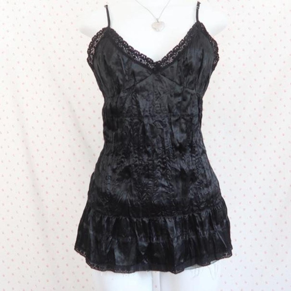 y2k black lace babydoll mini dress / top satin slip